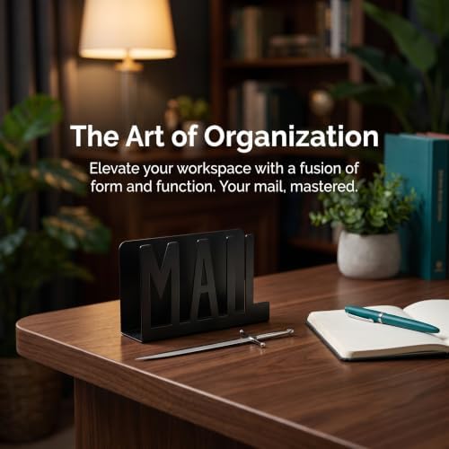 Desk Mail Organizer Holder & Sword Letter Opener Set Cute Modern Office Organizer for Desk Accessories for Women & Men, Reception Countertop Organizer, Home Office Decor（Black）