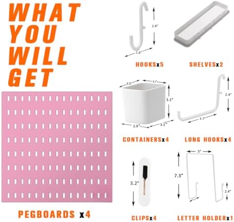 Peg Board Combination Kit, 4 Pegboards with 20 Accessories, Pegboard Wall Organizer for Office, Nursery & Home Storage, Key Holder, 25.6"x25.6" – Nail-Free Installation（Pink）