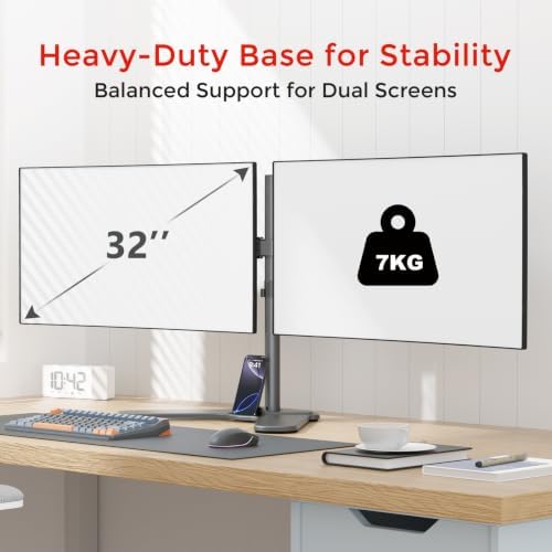 Suptek Free-Standing Dual Monitor Desk Mount, Full Motion Stand for 2 Monitors up to 32" 15.4lbs Each, Height Adjustable Swivel Tilt 360° Rotation, VESA Compatible with Phone Slot, Black
