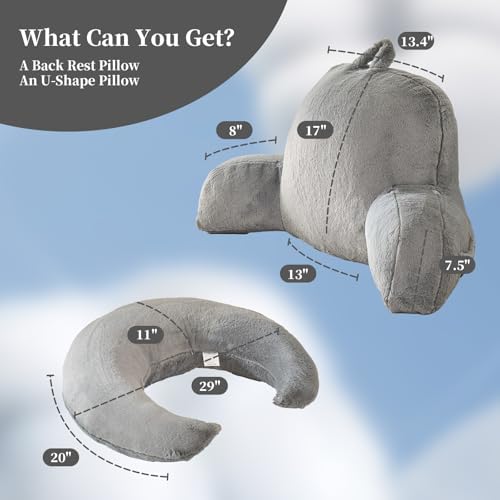 19" Reading Pillow for Bed,U Shaped Arm & Elbow Support,Gray Faux Fur