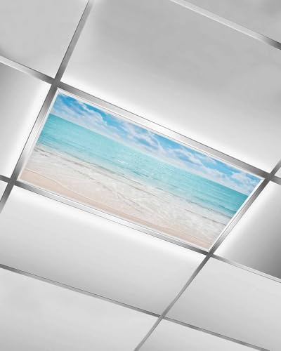 Ocean 1 Pcs Fluorescent Light Covers, Blue Sky Beach Waves Magnetic Filters Shade Panel Light Covers for Ceiling Lights Classroom Office Home Ceiling Decoration, 4 x 2 Ft