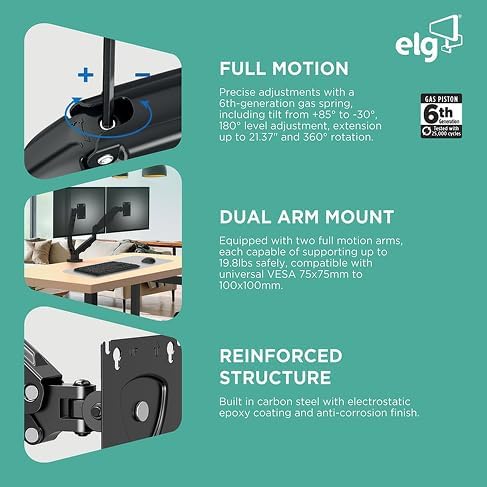 ELG Dual Monitor Stand, Gas Spring with Independent Arms, 17-35" Screens up to 19.8 lbs Each, 360° Rotation & Tilt, C-Clamp & Grommet, Height Adjusts to 16.1", VESA 75x75 to 100x100mm, Black