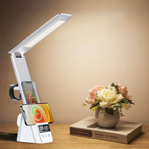 IHAO 6in1 Multifunctional Foldable LED Table Lamp with Wireless Charger Digital Alarm Clock Eye-Care Lighting 3 Color Modes 15W Qi Charger for Phone/Headphones, iWatch Charger Compatible-N61 White