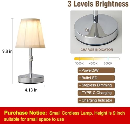 3000 mah Battery lamp,5W LED Small Touch Lamps,3 Color Temperature Dimmable Rechargeable Lamp,Cordless Lamp for Kitchen,Mini Lamps for Small Spaces (Chrome,2 Pack)