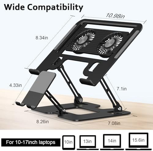 Laptop Cooling Stand with Detachable Fan,2-IN-1 Laptop Stand with Phone Holder and Silent Fans,Adjustable Height and Angle,Carbon Steel Framework,Laptop Cooling Pad for up to 16”Laptop (Black)