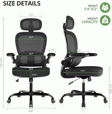 Ergonomic Office Chair 330 lb with Wheels, Lumbar Support & Headrest