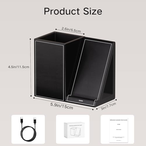 LADSTAG Pen Organizer with Phone Stand,Black Vegan Leather Desk Organizers with Remote Control Holder,Pencil Holder for Desk,Desk Organizer with Phone Charger for Office/Nightstand/Endtable