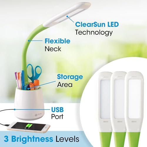 OttLite Organize LED Desk Lamp with USB Port, White and Green