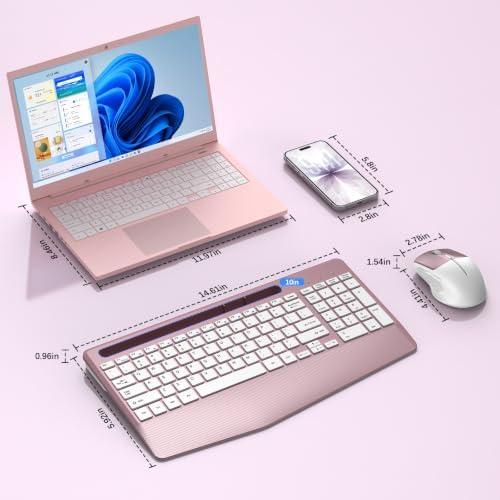 Rechargeable Silent Wireless Keyboard and Mouse Combo, Ergonomic Wrist Rest & Phone Tablet Holder, USB-C Adapter Included, 2.4G Lag-Free Cordless Set for Windows Mac Laptop PC Home Office (Rose Gold)