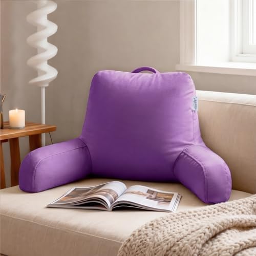 Reading Pillow with Adjustable Memory Foam,Adult Backrest with Arms, Back Pillow for Sitting in Bed with Washable Cover- Large, Purpule