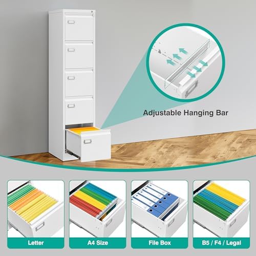 SISESOL 5 Drawer File Cabinet with Lock,White Narrow Vertical File Cabinet Five Drawer,Tall Office Filing Cabinets,Metal Filing Cabinets for Home Office,Fit A4,Legal,Letter Size,-Assembly Required