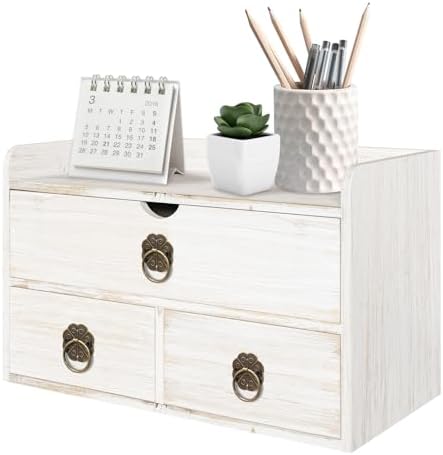 Wood Desk Organizer with Drawer, White Wooden Desktop Organizer, Tabletop Storage Organization Box for Countertop, Home Office Supplies, 13.5x6.6x8.2 Inch(3 Drawer and Shelf)