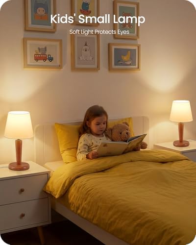 12" Wood Bedside Table Lamps Set of 2, Small Desk Lamps for Small Places, 3 Color Temperatures with Memory, White Linen Shade & E26 Bulbs, for Bedroom Living Room Office LW13TLP205