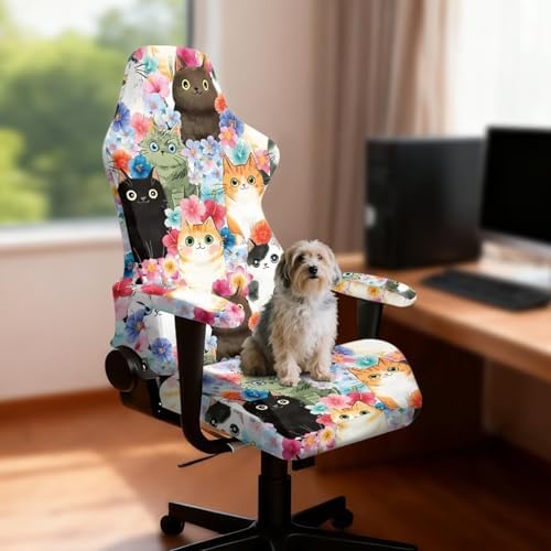 Cats Floral Print Gaming Chair Cover Stretchable 4 Piece Furniture Protector Non Slip Breathable Gaming Chair Slipcover with Armrest Covers