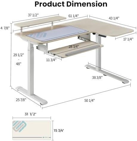 EUREKA ERGONOMIC 55 Inch L Shaped Electric Standing Desk, Height Adjustable Computer Gaming Desk with Keyboard Tray, Mouse Pad,Home Office Work,Maple Wood, Right Side