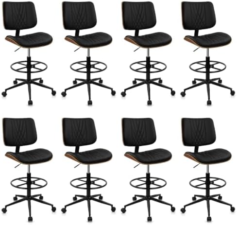 CLATINA Drafting Chair for Standing Desk, PU Leather Armless Tall Office Chairs with Adjustable Footrest Ring, Extended Height Ergonomic High Swivel Computer Chair with Bend Wood Backrest, Black, 8PK