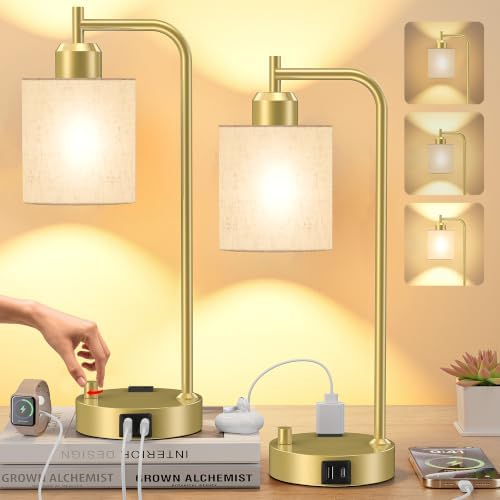SIBRILLE Industrial Table Lamps with Linen Shade, Set of 2 Fully Dimmable Bedside Lamps with USB A+C Ports and Outlet, Gold Nightstand Desk Lamps for Bedrooms Living Room Office, 2 LED Bulbs Included