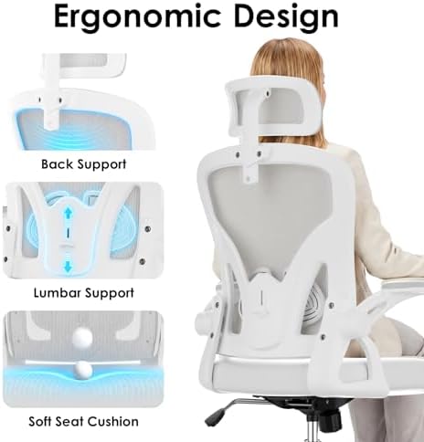 Farini Ergonomic Office Chairs Set of 2, Home Office Desk Chair with Headrest, High Back Swivel Computer Chair with Armrests and Adjustable Lumbar Support for Home Office, White & White