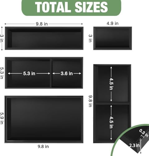 Bamboo Drawer Organizer,5 PCS Black Silverware Tray&Desk Organizers and Storage,Cabinet Divider With Removable Bathroom Organization for Kitchen,Utensils,Junk,Office,Makeup