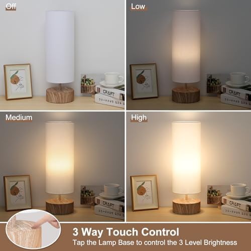 Touch Table Lamp with Wood Grain Metal Base, 3 Way Dimmable Bedside Lamp
