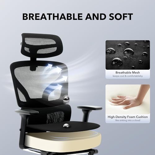 Ergonomic Mesh Office Chair with Footrest, 135° Reclining, Black