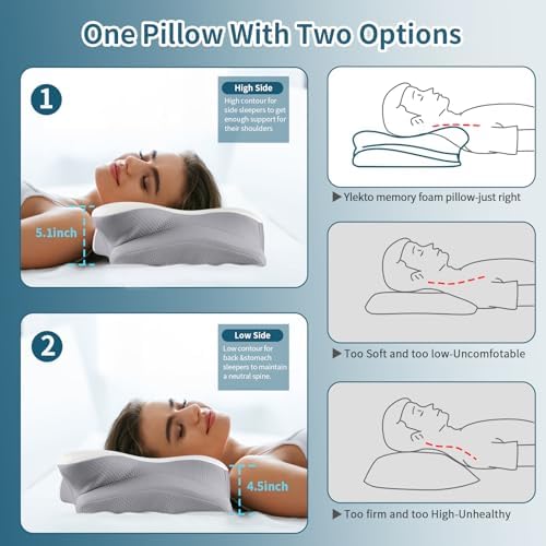 Ylekto Cervical Neck Pillow for Pain Relief - Contour Memory Foam Pillows for Sleeping, Ergonomic Pillow Side Sleeper Pillow for Neck Support, Bed Pillow for Side Back Stomach Sleepers (White)