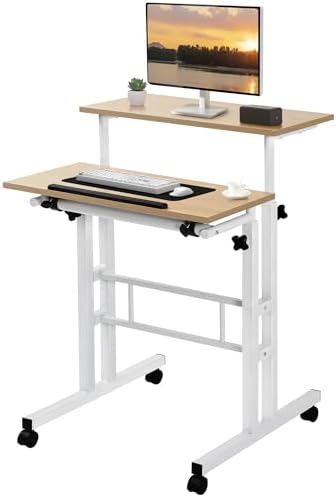 VECELO Small Mobile Standing Desk 24 Inch, Adjustable Height Portable Stand Up Desk with Wheels Computer Workstations, Rolling Laptop Cart, Oak