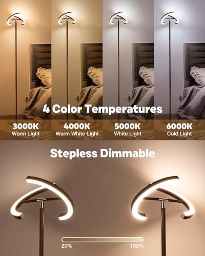 SIBRILLE Brown Floor Lamp, Modern Stepless Dimmable Standing Lamp with Remote Control, 22W 3000-6000K LED Rotatable Floor Light Uplighter Stand up Lamp Tall Lamp for Living Room Bedroom Office