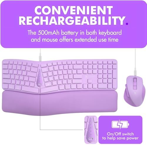 X9 Ergonomic Keyboard and Mouse Wireless Combo - Purple Keyboard and Mouse Wireless, Bluetooth/2.4G Split, Wrist Rest, Rechargeable, Silent Ergo Keys - PC, Mac, iOS, Android