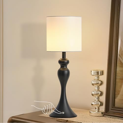 Cordless Table Lamp Rechargeable, Battery Fabric Bedside Touch Light, Black