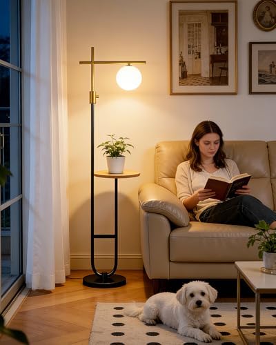 66IN Floor Lamp with Table, Modern Shelf Lamp for Living Room,Black