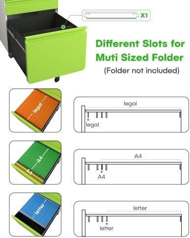 Dripex 3 Drawer Metal Rolling File Cabinet Under Desk Filing Cabinet Green