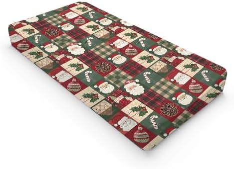 Christmas Theme Leaves Checkered Patchwork Winter Holiday Pattern Baby Changing Pad Cover, Unisex Christmas Nursery Diaper Changing Table Pad Mat Sheet for Boys Girls-16x32