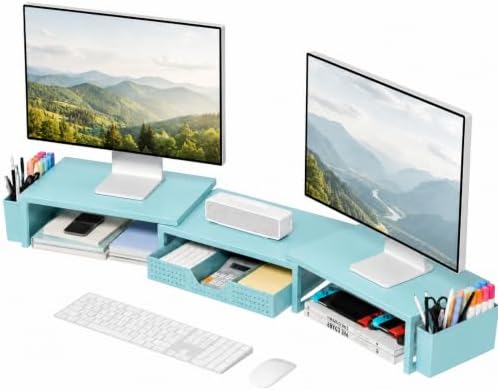 Desk Organizers and Accessories, Dual Monitor Stand Riser with Drawer and 2 Pen Holders, Desk Shelf Printer Stand for Office Workspace Organizers, Desktop Organization (Blue)