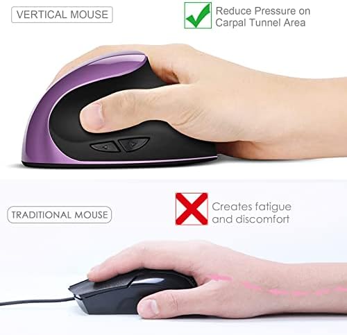 Ergonomic Mouse,Rechargeable Small Vertical Mouse with 6 Buttons Adjustable 800/1200/1600 DPI Purple Wireless Mouse for Laptop, Desktop, PC, MacBook
