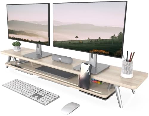 Fenge Dual Monitor Stand Riser, Wooden Desk Shelf with 2-Tier Storage