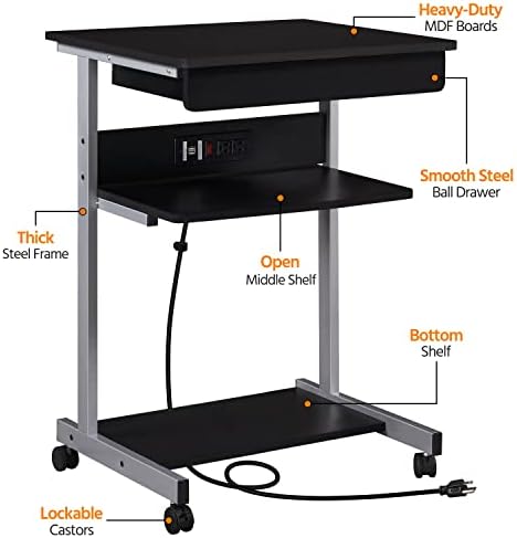 Yaheetech Small Rolling Computer Desk with Power Outlet, Laptop Cart, Black