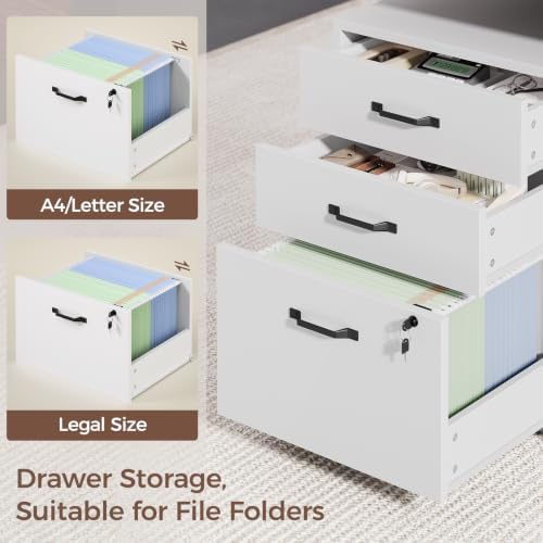 71" Electric Standing Desk with Drawers, Electric Height Adjustable Executive Desk with Lockable File Cabinet, Home Office Desk, Open Storage Compartments, Built-in Power Outlet, White