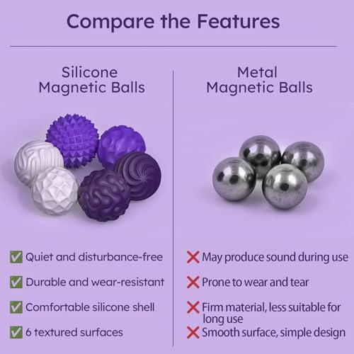 Silicone Magnetic Balls, Fidget Toys for Adults & Teens, 6PCS Stress Balls Sensory Toy, Quiet Magnet Desk Fidgets with Textured, ADHD Anxiety Relief Items, Fun Stocking Suffers Gifts (Purple)