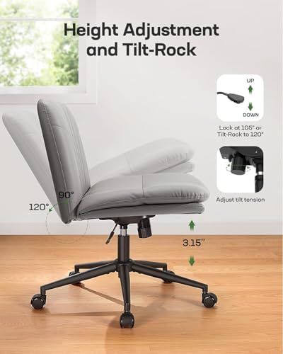 Marsail Criss Cross Office Chair with Wheels, Armless Wide Desk Chair for Active Sitting, PU Leather Cross Legged Chair for Home Office, Pet-Friendly & Easy Clean, Grey
