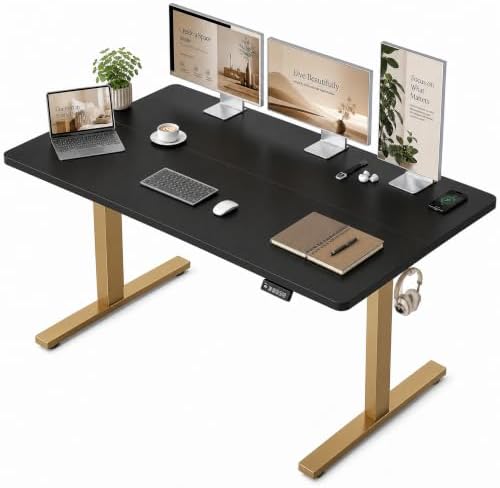 Grandder 55x32 Extra-Deep Electric Standing Desk, Wide Desktop Fits 49" Ultrawide Monitor+Dual Screens, 176 lbs Capacity, 2 Memory Presets, Anti Collision, Computer Desk, Black Top&Gold Frame