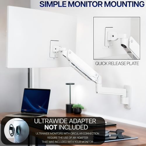 VIVO Premium Aluminum Heavy Duty Monitor Arm for Ultrawide Screens up to 49 inches and 44 lbs, Single Wall Mount, Pneumatic Height, Max VESA 100x100, White, MOUNT-V101G1W