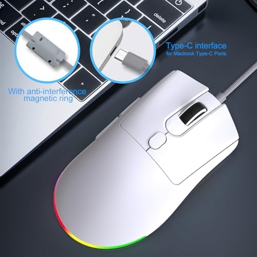 HXMJ Wired USB C Gaming Mice,7200DPI,Ergonomic Mouse with RGB Backlit for Apple MacBook,Computer or Laptops with Type C Port-White