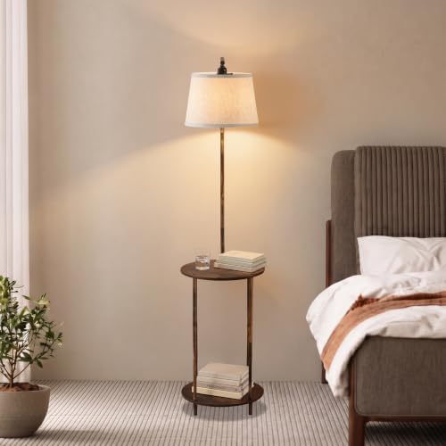 Floor Lamp with Table, 2-in-1 Side Table Floor Lamp with Linen Shade