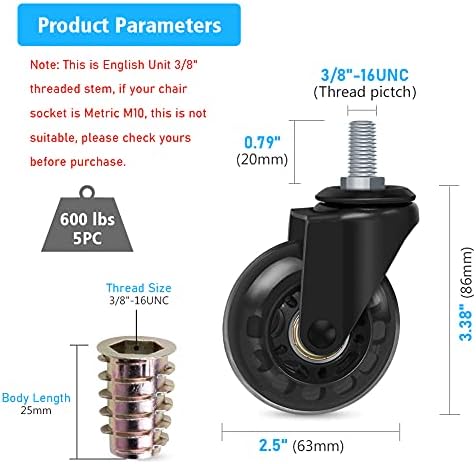 Hirate 2 inch Office Chair Casters Wheel with 3/8"-16UNC Threaded Stem
