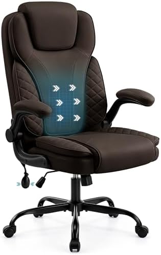 Ergonomic Office Chair, PU Leather High Back Executive Chair with Adjustable Inflatable Lumbar Support and Padded Flip-Up Arms, Recline Swivel Task Computer Chair for Home Office, Dark Brown
