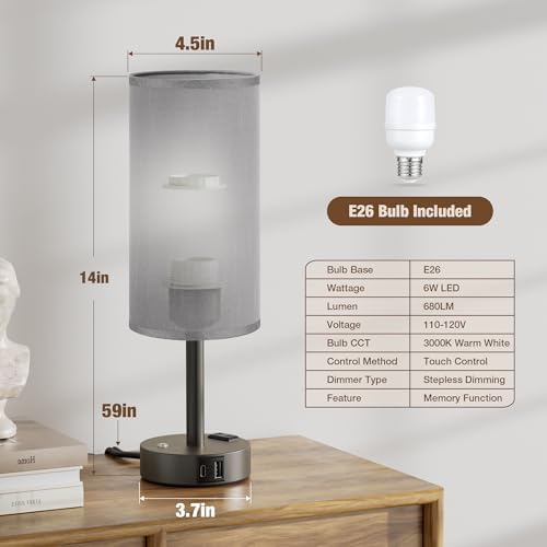 Grey Touch Bedside Lamp for Bedroom, Stepless Dimmable, USB A+C, AC Outlet