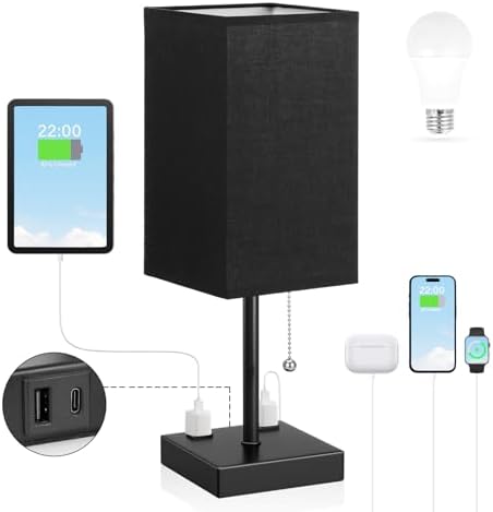 Black Lamp for Bedroom - 3 Color Temperatures, USB A+C, 2 AC Outlets