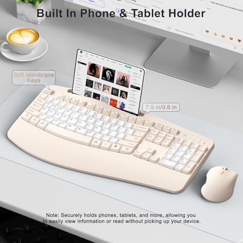 Wireless Keyboard and Mouse Combo, Ergonomic Wave Keys(Milk Tea-B)