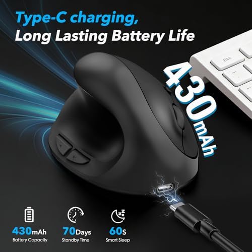 Left Hand Ergonomic Vertical Wireless Mouse Type C Rechargeable 6-Btn Mice